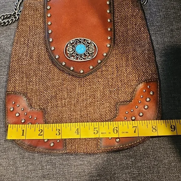 Western Brown Cowgirl Turquoise & Silver Accentsq Crossbody Canvas Tooled Han… - Picture 3 of 10